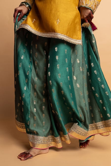 Pants And Pajamas_Mustard Chanderi , Organza, Embroidery, Zari, Hemangi Kurta Set _at_Aza_Fashions