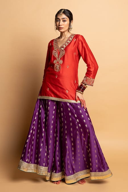 Shop_Pants And Pajamas_Purple Chanderi Silk Zari, Lace Hemangi Sharara _Online_at_Aza_Fashions