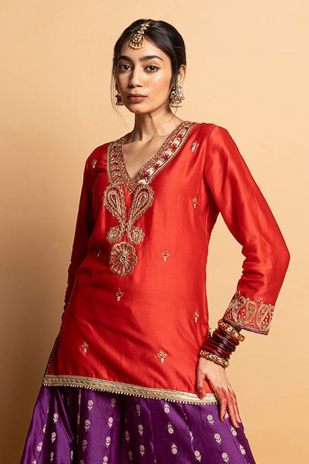 Buy Pants And Pajamas Red Chanderi , Organza Embroidery, Zari, Lace V-neck Hemangi Kurta Set Online at Aza Fashions Buy_Pants And Pajamas_Red Chanderi , Organza Embroidery, Zari, Lace V-neck Hemangi Kurta Set _Online_at_Aza_Fashions