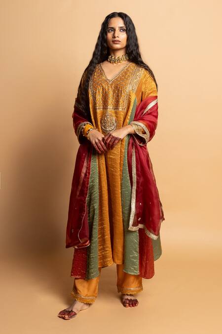 Buy_Pants And Pajamas_Orange Chanderi Embroidery, Zari V-neck Zauq Kurta _Online_at_Aza_Fashions
