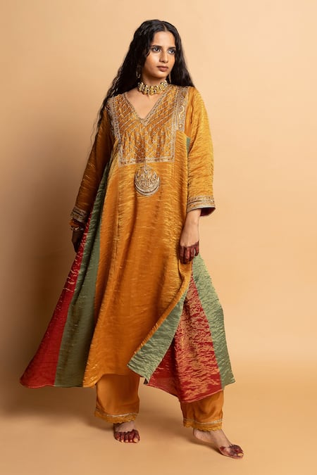 Shop_Pants And Pajamas_Orange Chanderi Embroidery, Zari V-neck Zauq Kurta _Online_at_Aza_Fashions