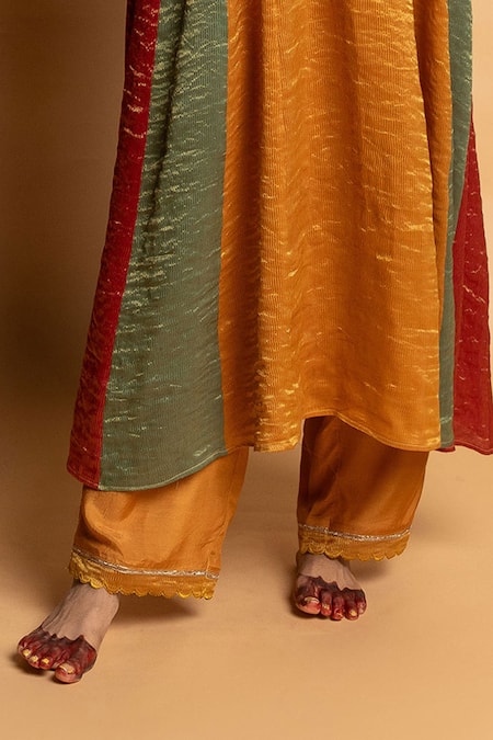 Buy_Pants And Pajamas_Mustard Chanderi , Organza Embroidery, Zari, Lace Zauq Kurta Set _Online_at_Aza_Fashions