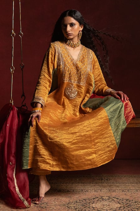 Shop_Pants And Pajamas_Mustard Chanderi , Organza Embroidery, Zari, Lace Zauq Kurta Set 