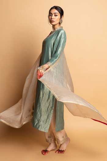 Buy_Pants And Pajamas_Ivory Silk Organza Embroidery, Lace Zeb-e-taj Dupatta _Online_at_Aza_Fashions