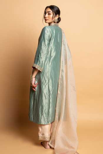 Pants And Pajamas_Ivory Silk Organza Embroidery, Lace Zeb-e-taj Dupatta _Online_at_Aza_Fashions