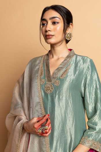 Pants And Pajamas_Ivory Silk Organza Embroidery, Lace Zeb-e-taj Dupatta _at_Aza_Fashions