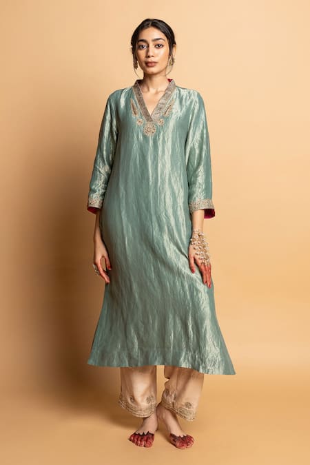 Shop_Pants And Pajamas_Aqua Chanderi Embroidery, Zari V-neck Zeb-e-taj Kurta _Online_at_Aza_Fashions