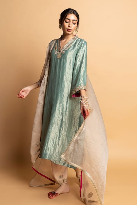 Buy_Pants And Pajamas_Blue Chanderi , Voile, Cotton, Embroidery, Zari Zeb-e-taj Kurta Set _Online_at_Aza_Fashions