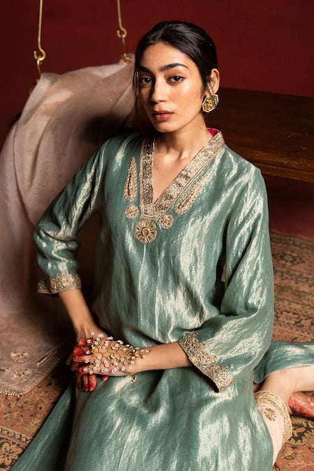 Buy_Pants And Pajamas_Blue Chanderi , Voile, Cotton, Embroidery, Zari Zeb-e-taj Kurta Set 