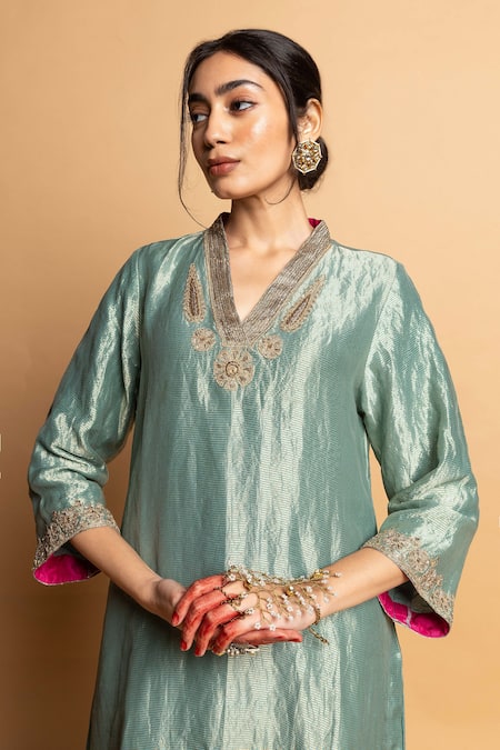 Shop_Pants And Pajamas_Blue Chanderi , Voile, Cotton, Embroidery, Zari Zeb-e-taj Kurta Set 