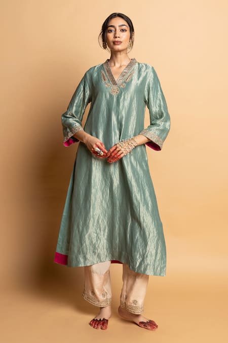 Pants And Pajamas_Aqua Chanderi , Cotton, , Organza Embroidery, Zeb-e-taj Kurta Set _at_Aza_Fashions
