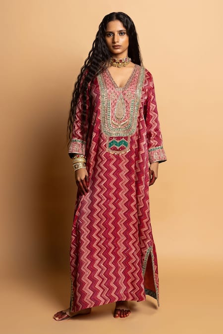 Pants And Pajamas_Pink Silk Embroidery, Zari, Sequins V-neck Rajsi Roop Kaftan _at_Aza_Fashions