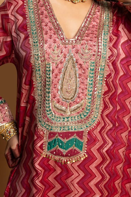 Buy_Pants And Pajamas_Pink Silk Embroidery, Zari, Sequins V-neck Rajsi Roop Kaftan 