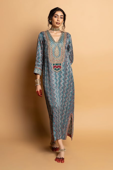 Shop_Pants And Pajamas_Aqua Silk Embroidery, Zari, Sequins V-neck Rajsi Roop Kaftan _Online_at_Aza_Fashions