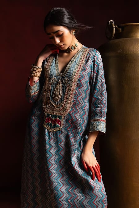 Pants And Pajamas_Aqua Silk Embroidery, Zari, Sequins V-neck Rajsi Roop Kaftan _at_Aza_Fashions
