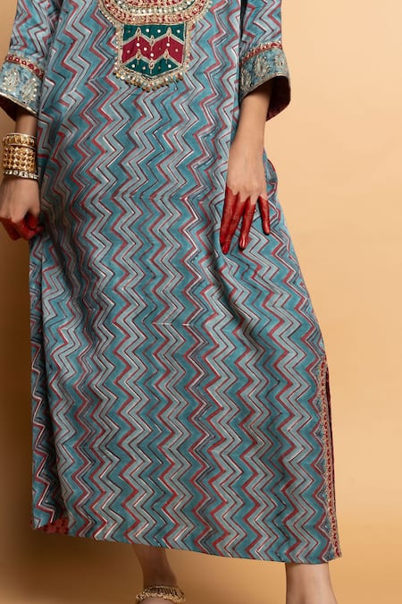 Buy_Pants And Pajamas_Aqua Silk Embroidery, Zari, Sequins V-neck Rajsi Roop Kaftan 