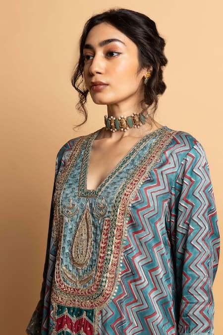 Shop_Pants And Pajamas_Aqua Silk Embroidery, Zari, Sequins V-neck Rajsi Roop Kaftan 