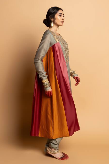 Pants And Pajamas_Gray Silk, Chanderi Embroidery, Zari Round Neck Kanaklata Kurta _at_Aza_Fashions