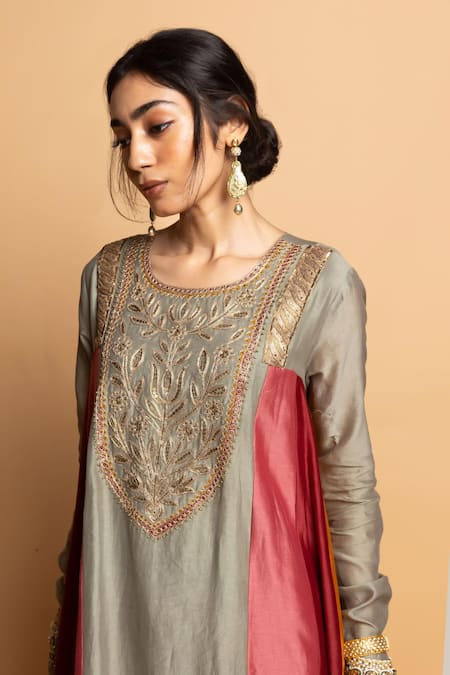 Buy_Pants And Pajamas_Gray Chanderi , Cotton, Embroidery, Zari Round Kanaklata Kurta Set _Online_at_Aza_Fashions