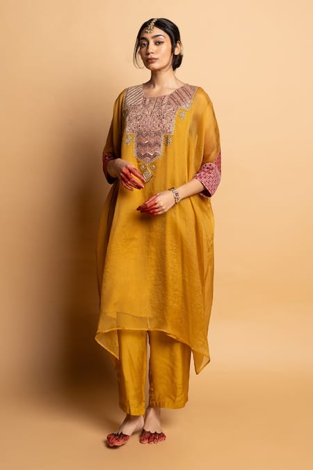 Buy_Pants And Pajamas_Mustard Silk Organza Embroidery, Zari Round Neck Ratnaanini Kaftan _Online_at_Aza_Fashions