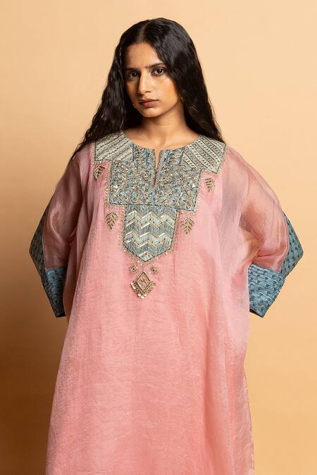 Shop_Pants And Pajamas_Pink Organza, Cotton, Embroidery, Zari Round Ratnaanini Kaftan Set _Online_at_Aza_Fashions