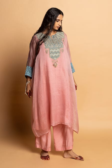 Pants And Pajamas_Pink Organza, Cotton, Embroidery, Zari Round Ratnaanini Kaftan Set _at_Aza_Fashions