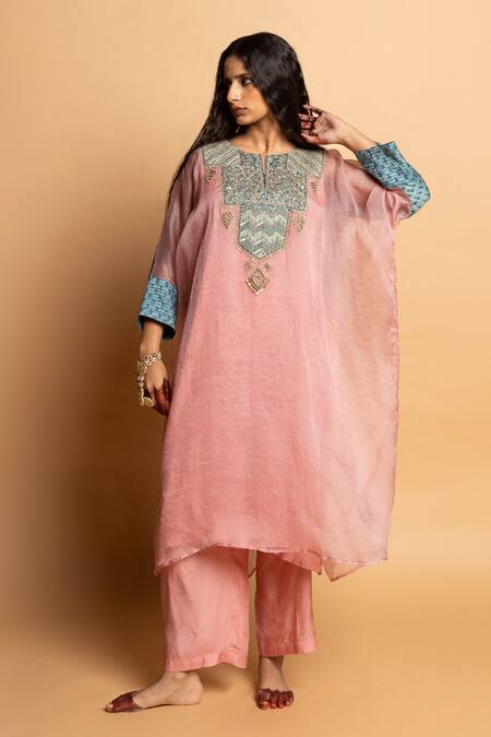 Buy_Pants And Pajamas_Pink Organza, Cotton, Embroidery, Zari Round Ratnaanini Kaftan Set 