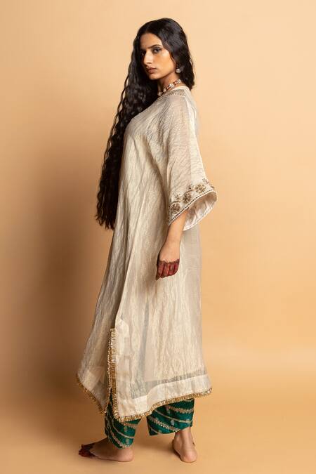 Buy_Pants And Pajamas_Off White Chanderi Embroidery, Zari V-neck Nazakat Kaftan _Online_at_Aza_Fashions