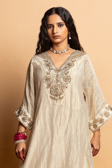 Pants And Pajamas_Off White Chanderi Embroidery, Zari V-neck Nazakat Kaftan _at_Aza_Fashions