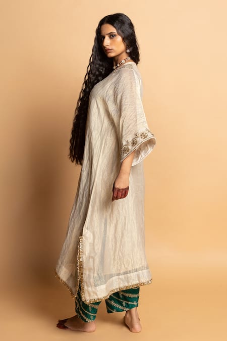 Buy_Pants And Pajamas_Off White Chanderi, Silk Zari, Embroidery V-neck Nazakat Kaftan Set _Online_at_Aza_Fashions