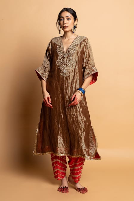 Pants And Pajamas Red Silk, Chanderi Embroidery, Zari Nazakat Salwar at Aza Fashions Pants And Pajamas_Red Silk, Chanderi Embroidery, Zari Nazakat Salwar _at_Aza_Fashions