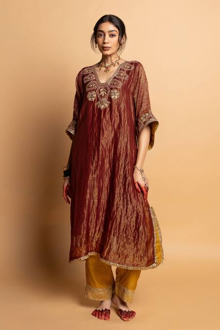 Shop_Pants And Pajamas_Mustard Cotton, Silk Embroidery Shama-e-awadh Pant _Online_at_Aza_Fashions