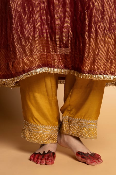 Pants And Pajamas_Mustard Cotton, Silk Embroidery Shama-e-awadh Pant _at_Aza_Fashions