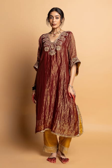 Buy_Pants And Pajamas_Maroon Chanderi Embroidery, Zari V-neck Shama-e-awadh Kaftan _Online_at_Aza_Fashions