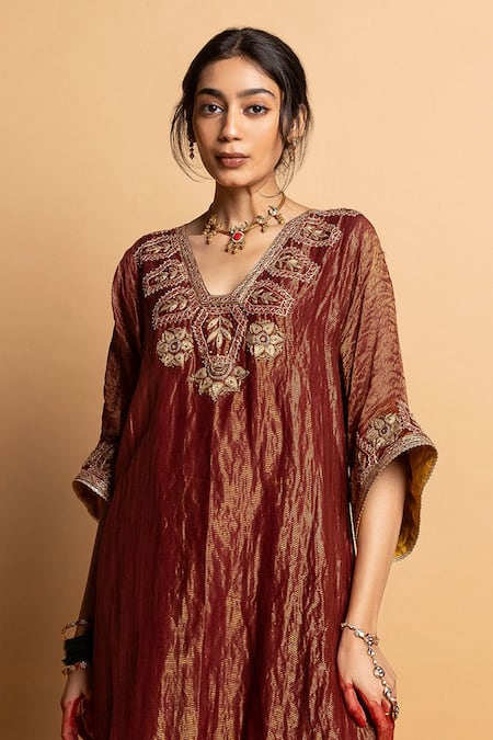 Pants And Pajamas_Maroon Chanderi Embroidery, Zari V-neck Shama-e-awadh Kaftan _at_Aza_Fashions