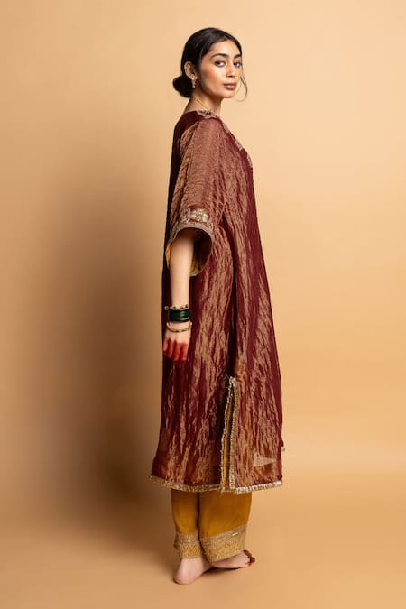 Buy_Pants And Pajamas_Maroon Chanderi, Cotton, Silk Zari, Embroidery V-neck Shama-e-awadh Kaftan Set _Online_at_Aza_Fashions
