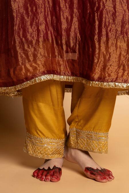 Buy_Pants And Pajamas_Maroon Chanderi, Cotton, Silk Zari, Embroidery V-neck Shama-e-awadh Kaftan Set 