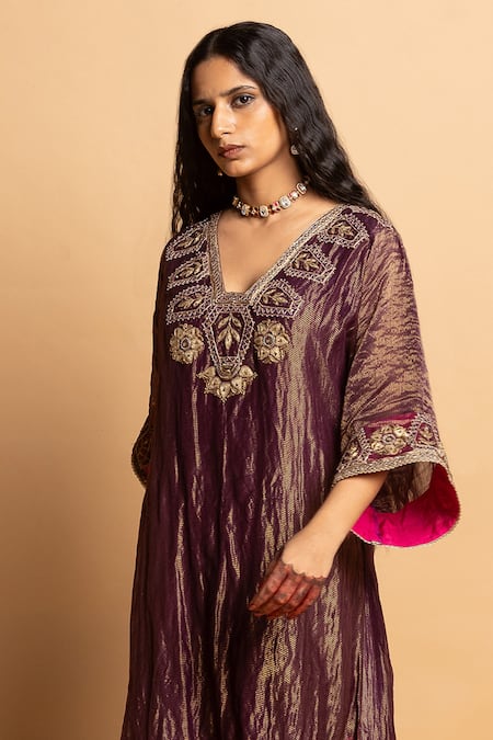 Pants And Pajamas Purple Chanderi Embroidery, Zari V-neck Shama-e-awadh Kaftan Online at Aza Fashions Pants And Pajamas_Purple Chanderi Embroidery, Zari V-neck Shama-e-awadh Kaftan _Online_at_Aza_Fashions