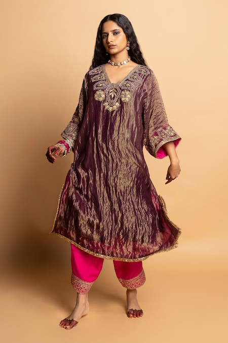 Pants And Pajamas_Purple Chanderi, Cotton, Silk Embroidery, Zari V-neck Shama-e-awadh Kaftan Set _at_Aza_Fashions