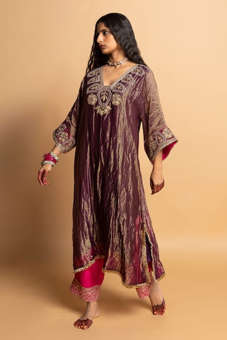 Buy_Pants And Pajamas_Purple Chanderi, Cotton, Silk Embroidery, Zari V-neck Shama-e-awadh Kaftan Set 