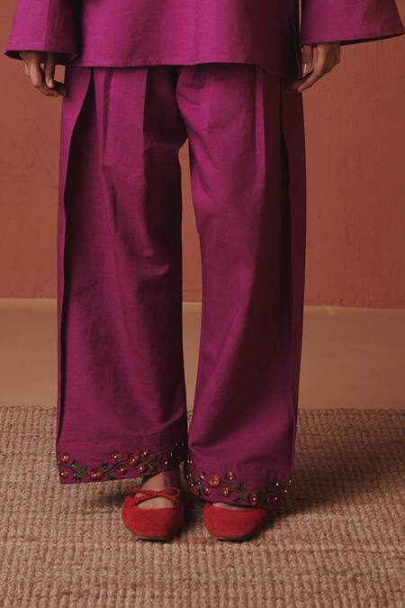 Buy_Saphed_Magenta Cotton, Linen Embroidery Split V-neck Orchid Kurta Farsi Pant Set _Online_at_Aza_Fashions