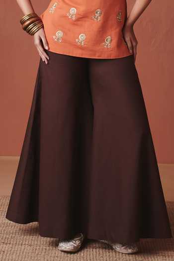 Saphed_Orange Cotton, Linen Embroidery Square Marigold Coffee Sleeveless Sharara Set _Online_at_Aza_Fashions