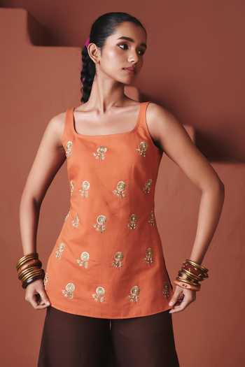 Buy_Saphed_Orange Cotton, Linen Embroidery Square Marigold Coffee Sleeveless Sharara Set _Online_at_Aza_Fashions