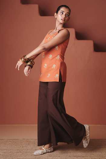 Shop_Saphed_Orange Cotton, Linen Embroidery Square Marigold Coffee Sleeveless Sharara Set _Online_at_Aza_Fashions