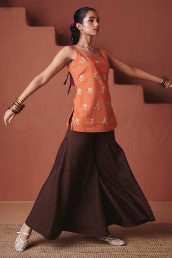 Saphed Marigold Coffee Sleeveless Sharara Set 