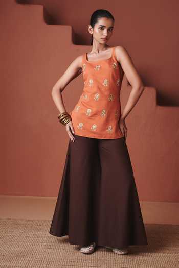 Saphed_Orange Cotton, Linen Embroidery Square Marigold Coffee Sleeveless Sharara Set _at_Aza_Fashions
