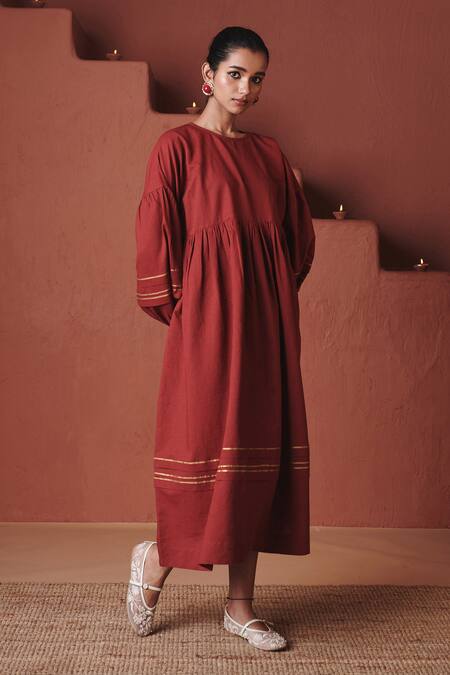 Saphed_Red Cotton, Linen Embroidery, Gota Patti Round Neck Brick Sack Dress _Online_at_Aza_Fashions