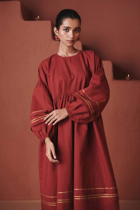 Shop_Saphed_Red Cotton, Linen Embroidery, Gota Patti Round Neck Brick Sack Dress _Online_at_Aza_Fashions