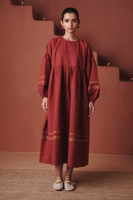 Saphed_Red Cotton, Linen Embroidery, Gota Patti Round Neck Brick Sack Dress _at_Aza_Fashions