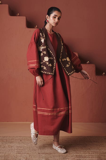 Saphed Brick Cotton Linen Sack Dress 